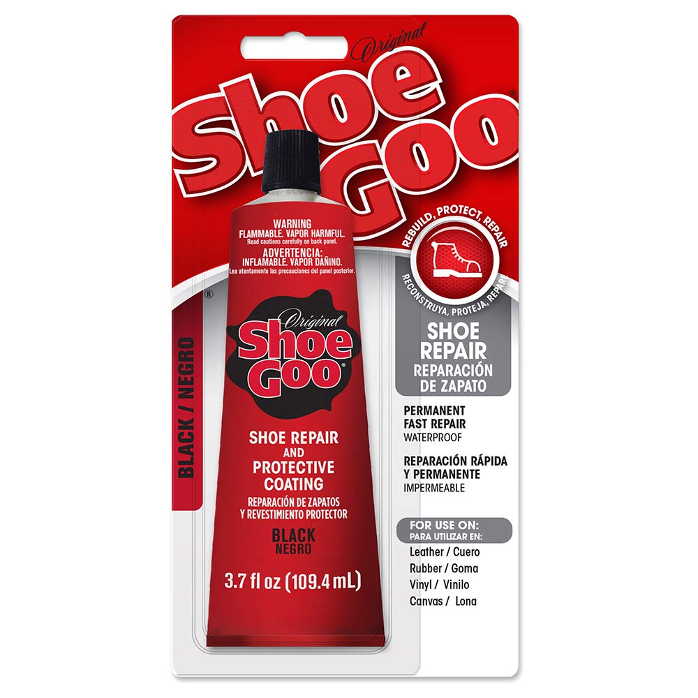 Shoegoo adhesive bottle front label for durable shoe repairs.