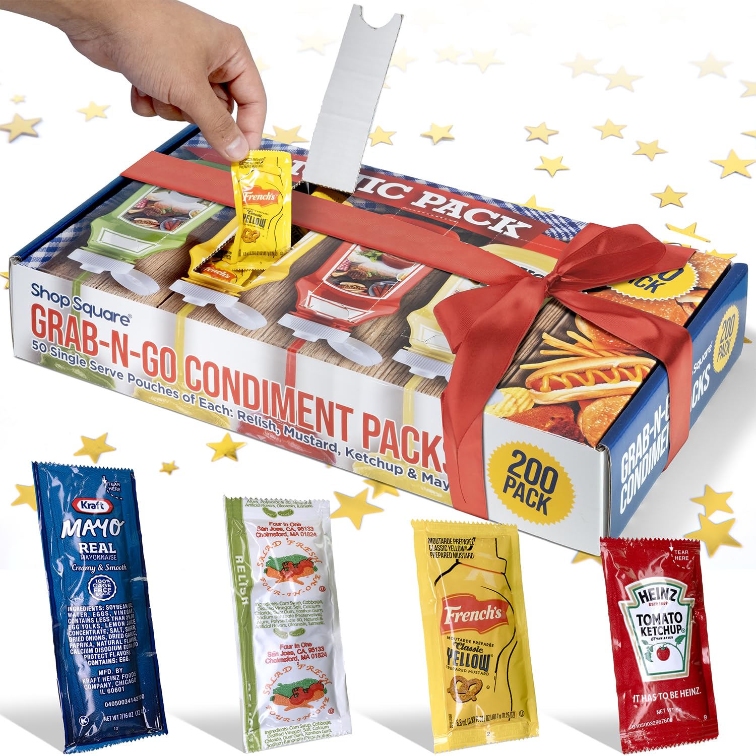 Shop Square grab-n-go condiments in a handy dispenser box for quick picnic access.