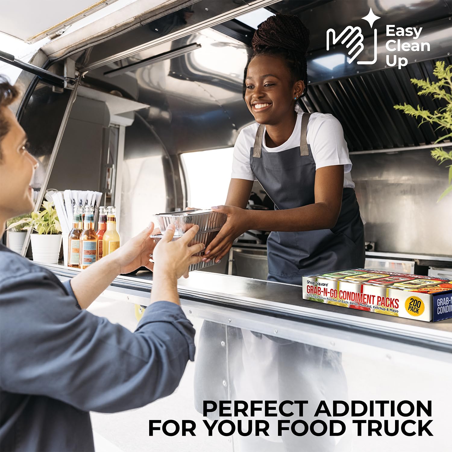 Shop Square condiments showcased on a picnic table for easy, mess-free meals.