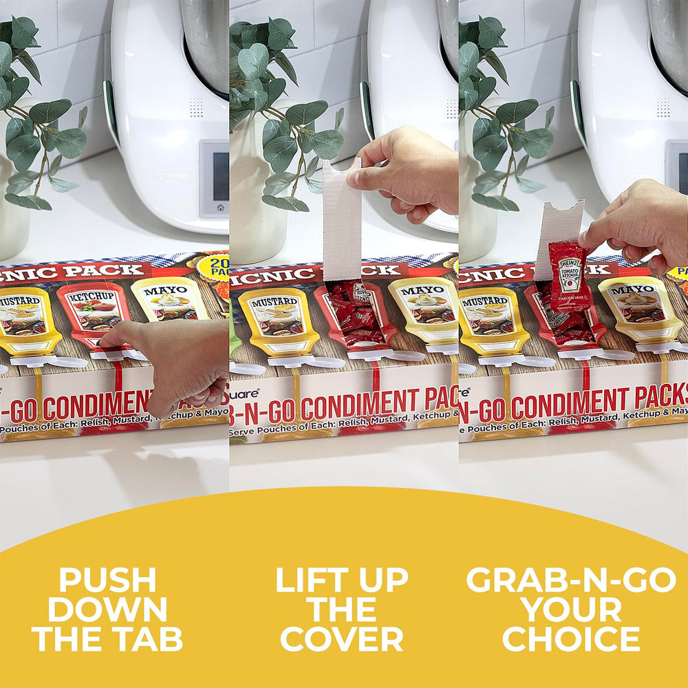 Shop Square relish packets add sweet tang to burgers and sausages at gatherings.