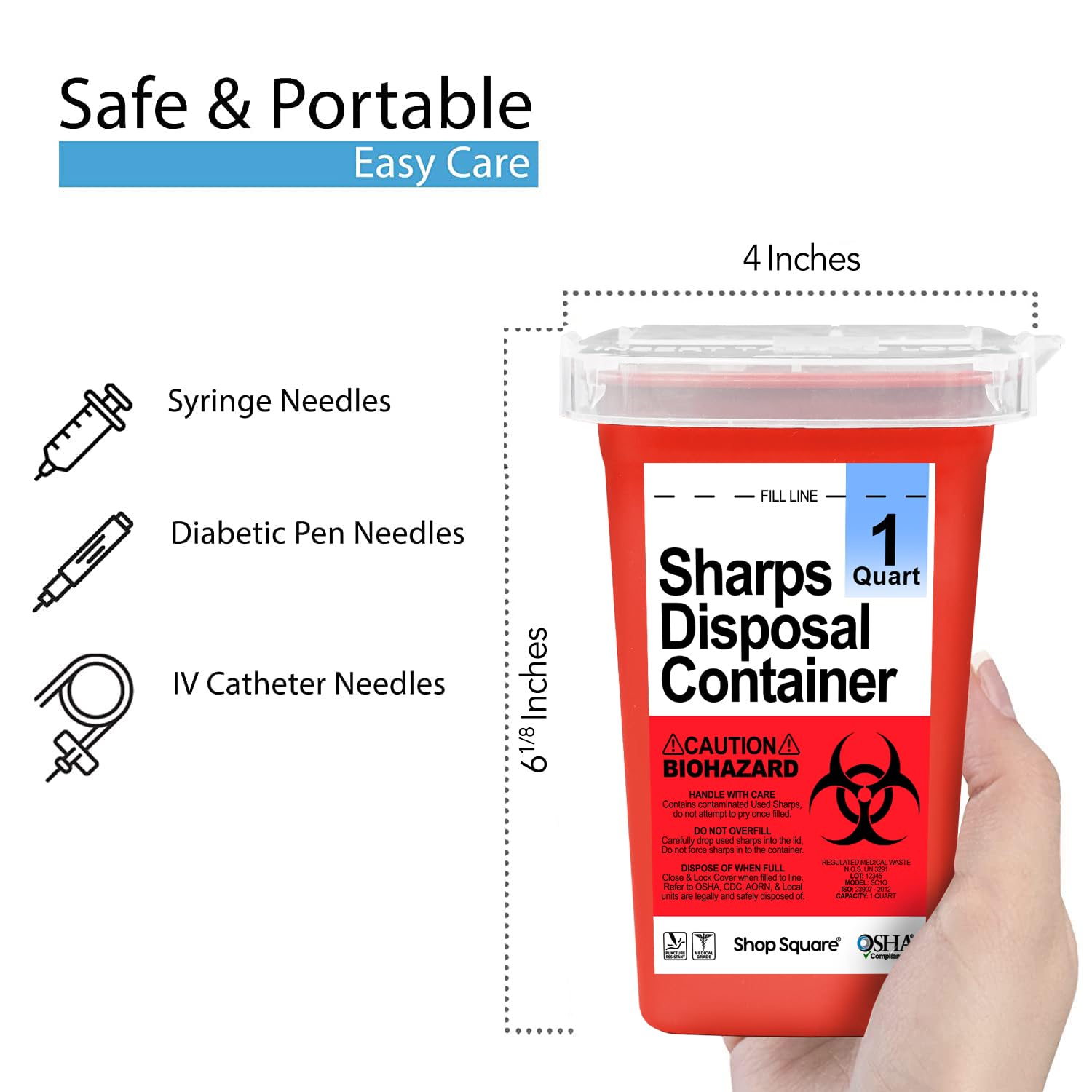 Shop Square sharps container 1quart lid view highlighting clear secure lid.