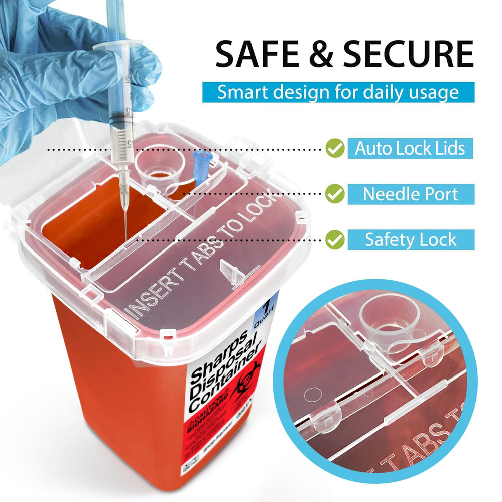 Shop Square sharps container compact size illustrates easy storage and travel.