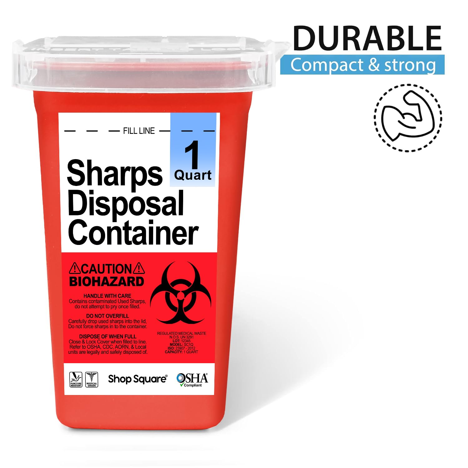 Shop Square sharps container puncture-resistant material emphasizes safety and durability.