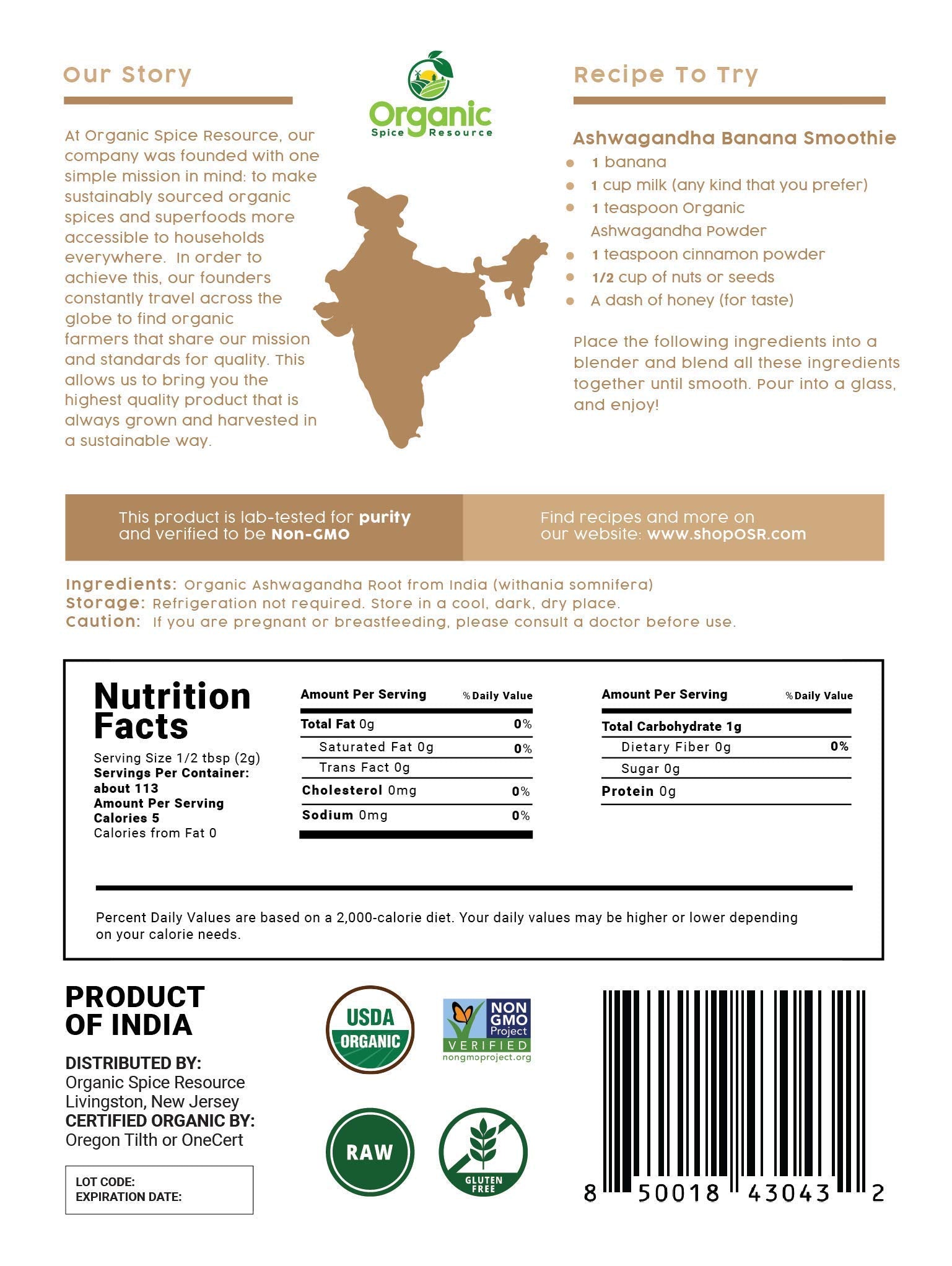 ShopOSR Ashwagandha in kraft packaging signaling freshness and non-GMO quality.