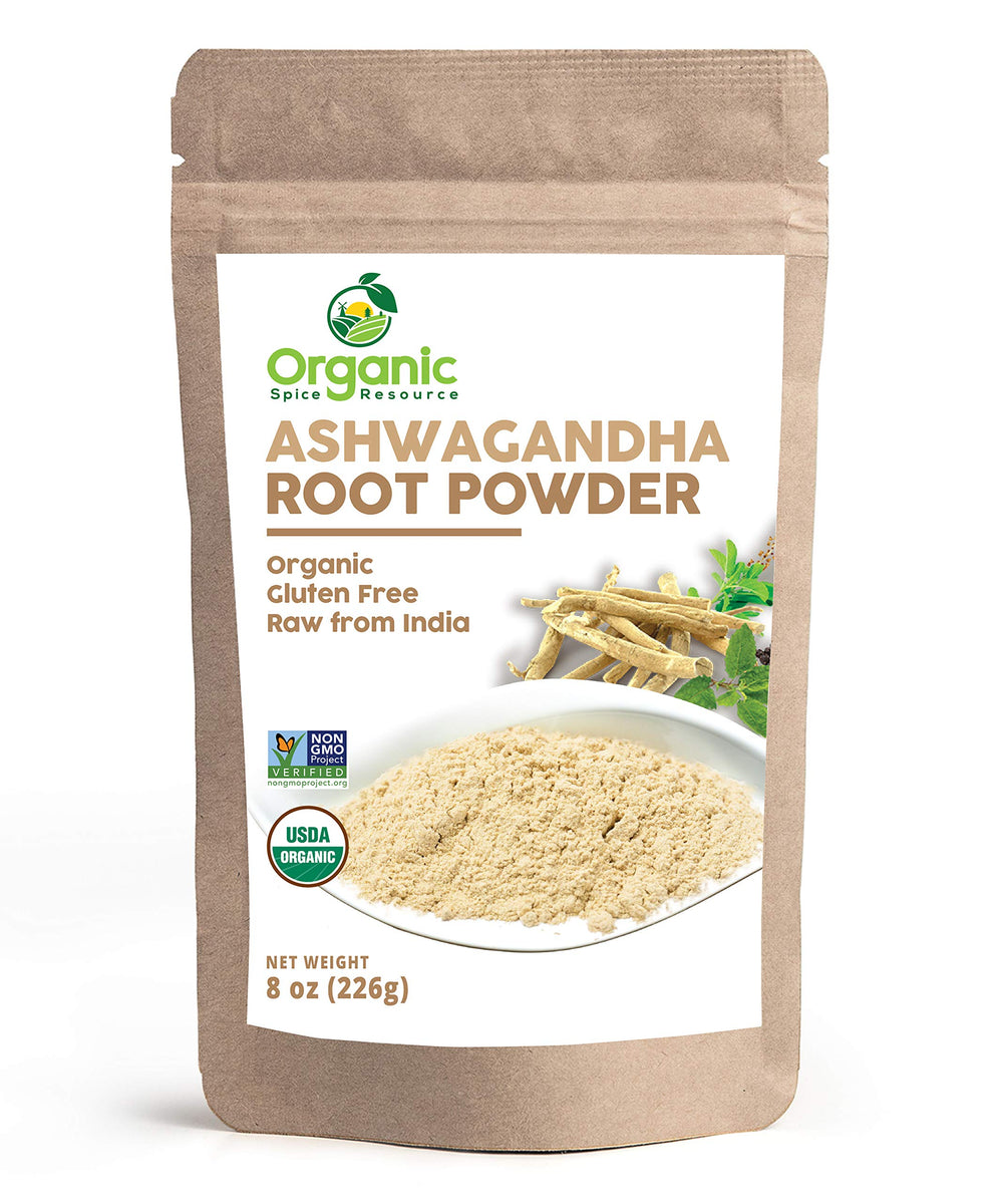 ShopOSR Ashwagandha powder close-up in resealable kraft bag for freshness.
