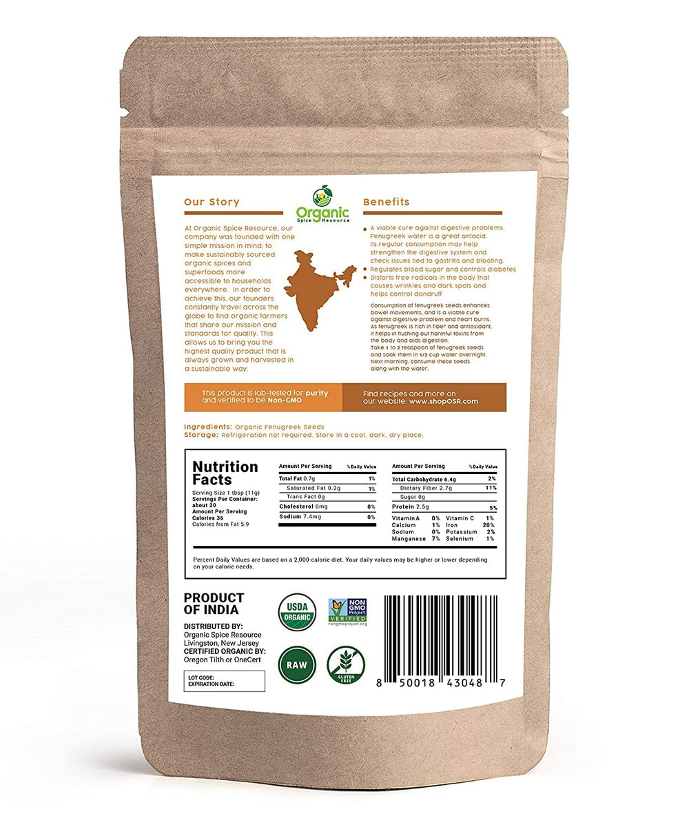 ShopOSR fenugreek seeds brand card highlights origin and organic assurance.