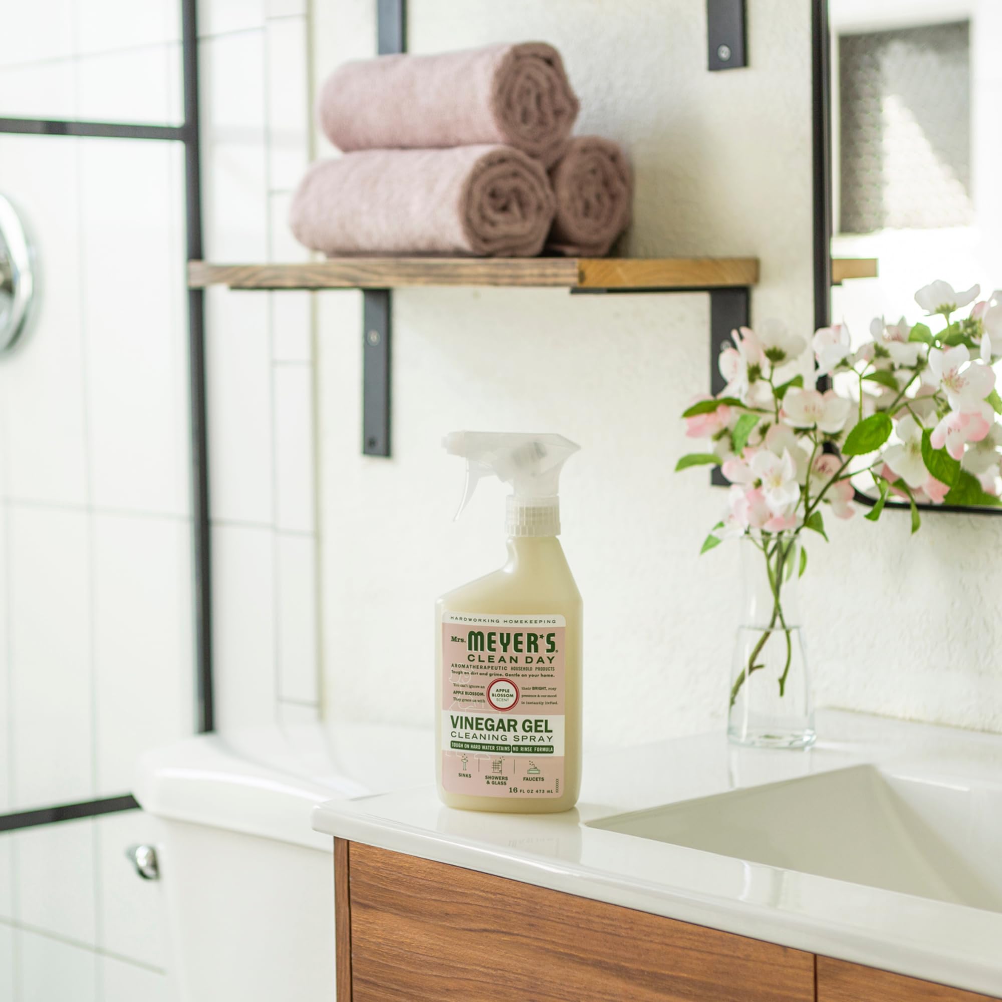 Shower tiles after cleaning show renewed clarity with Mrs. Meyer's gel.