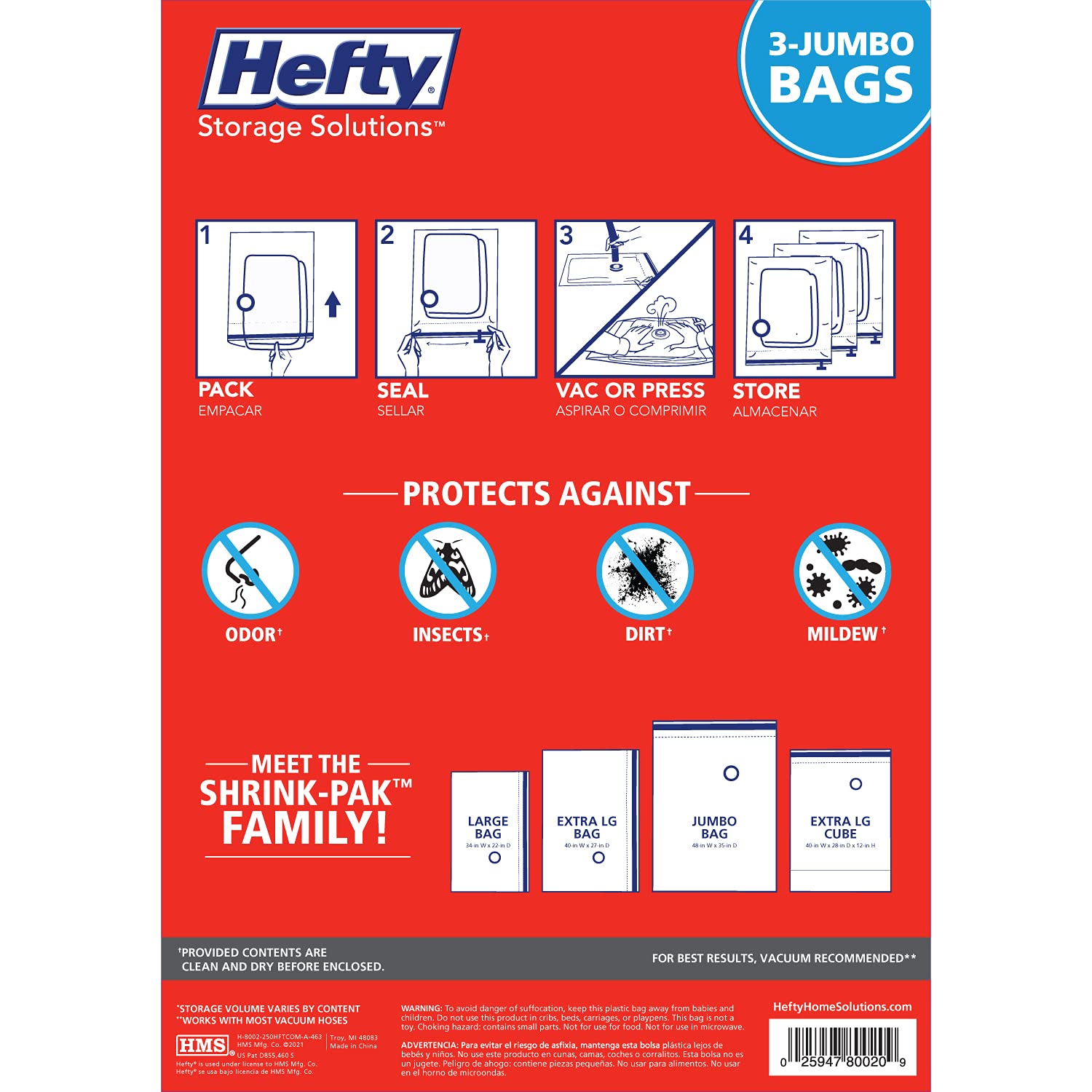 Shrink-Pak clear bedding bags—visibility helps locate contents quickly.