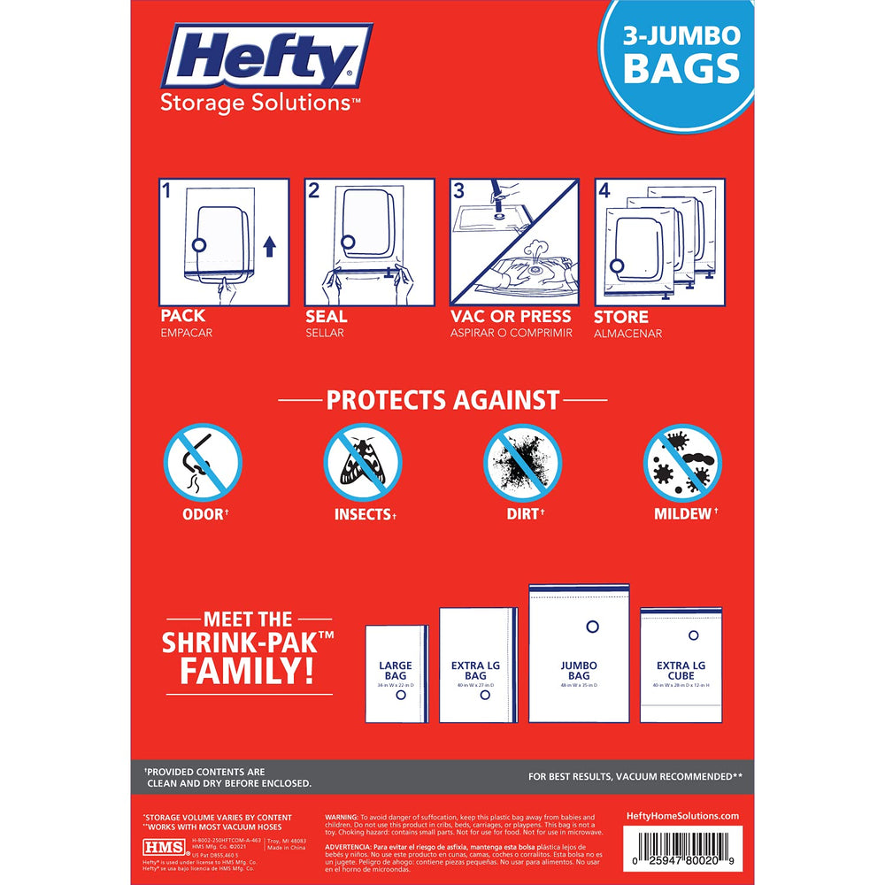 Shrink-Pak clear bedding bags—visibility helps locate contents quickly.