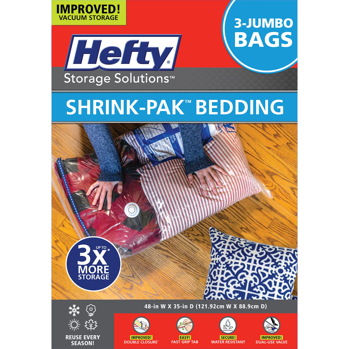 Shrink-Pak space bags 3-pack for bedding with airtight seal and jumbo storage.