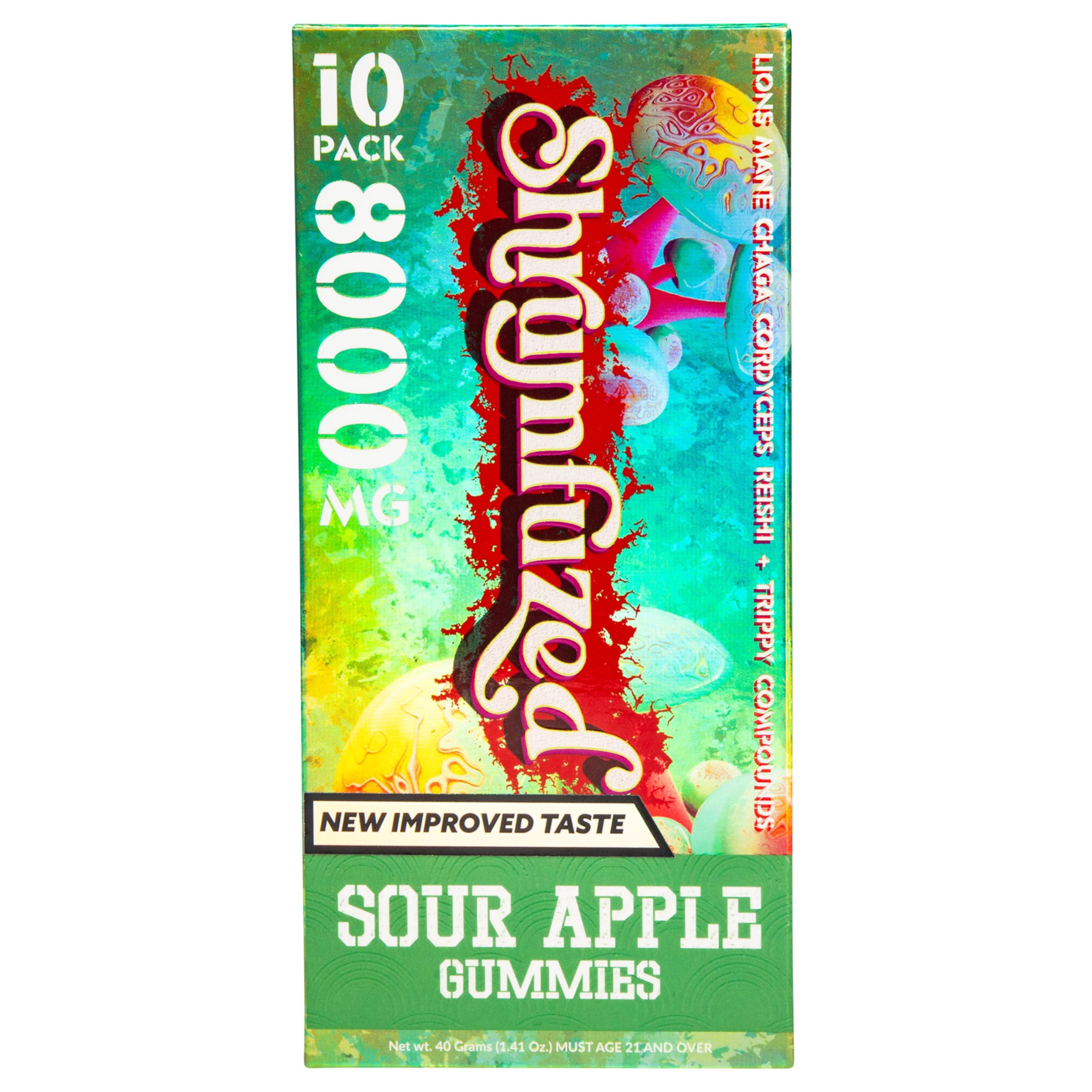 Shrumfuzed bottle front shows New Improved Taste for easier daily use