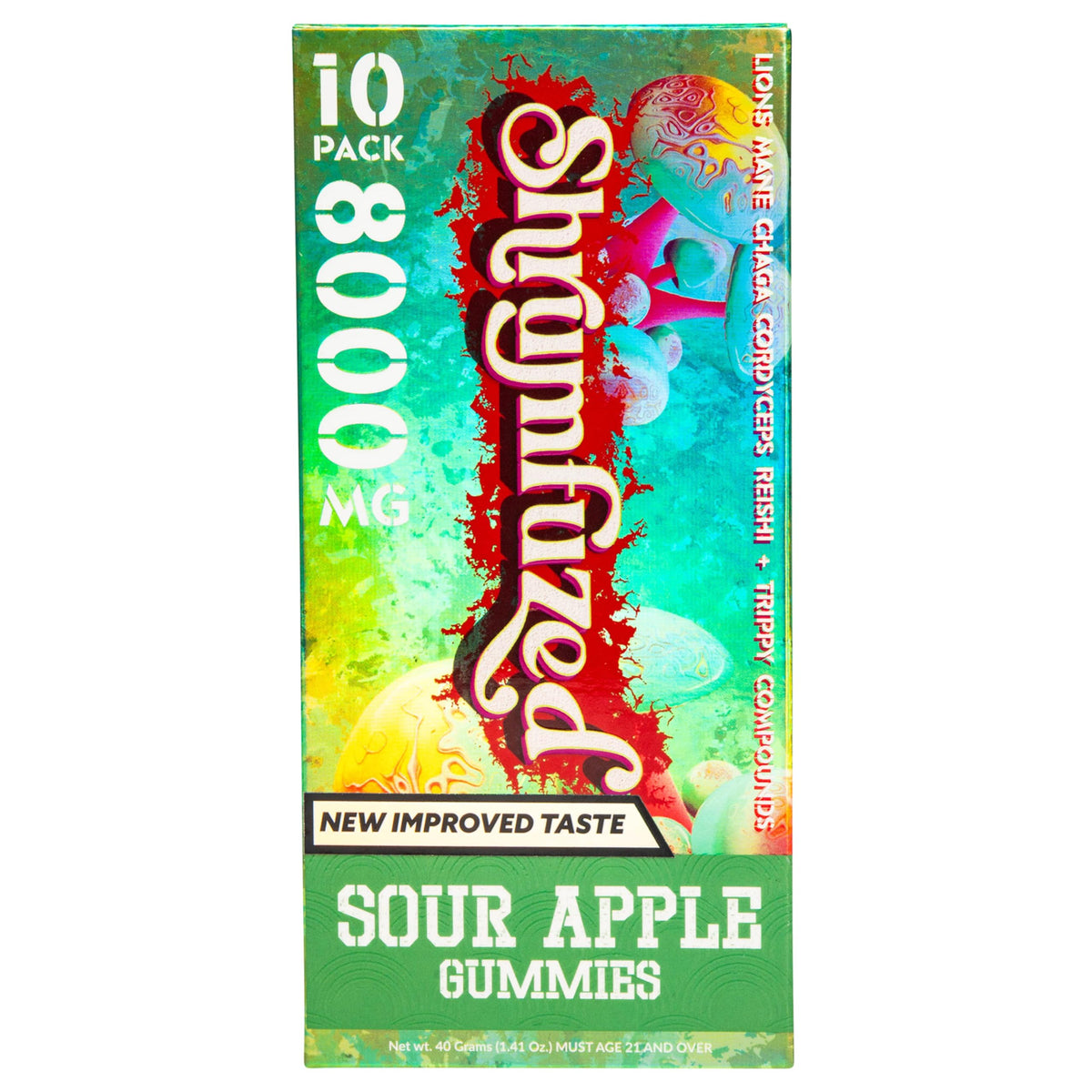 Shrumfuzed bottle front shows New Improved Taste for easier daily use