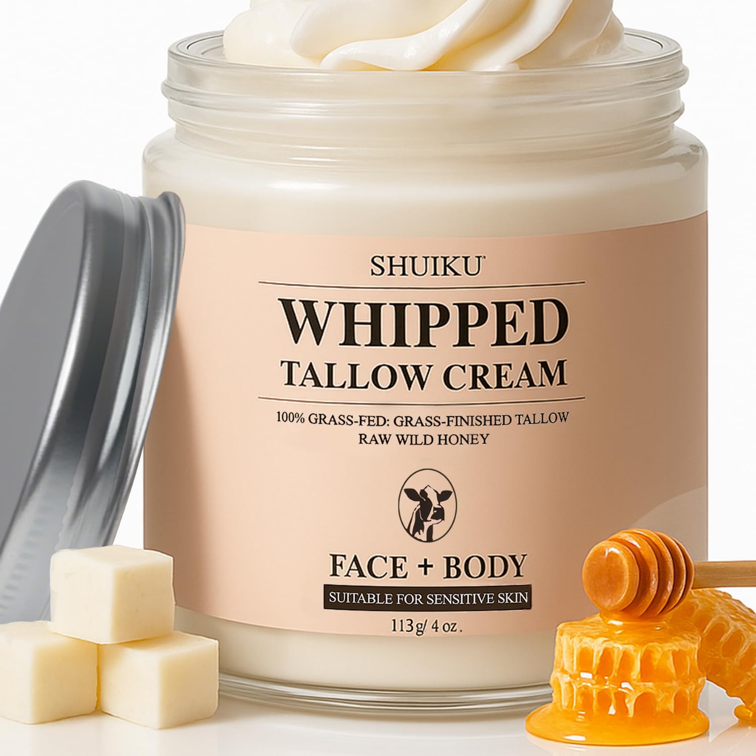 SHUIKU Beef Tallow Honey Balm jar closeup showing creamy texture for skin hydration.
