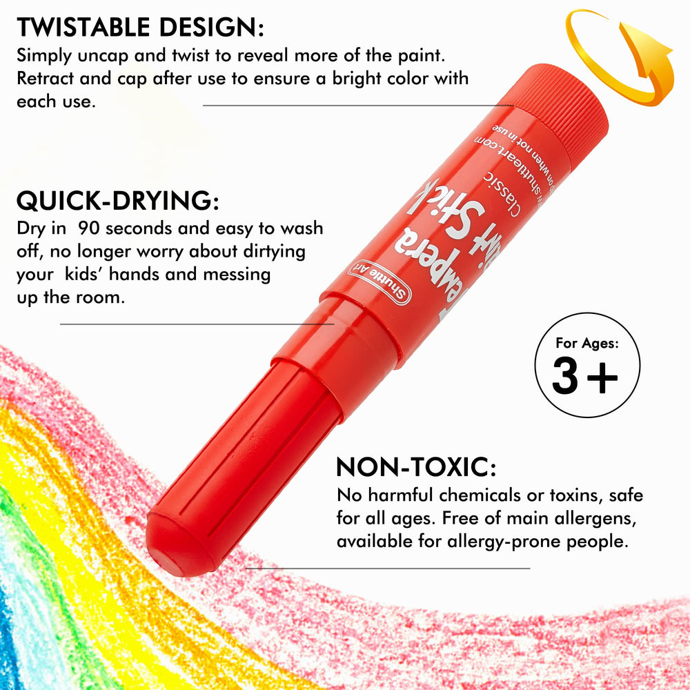 Shuttle Art tempera paint sticks quick-dry in 90 seconds for clean artwork
