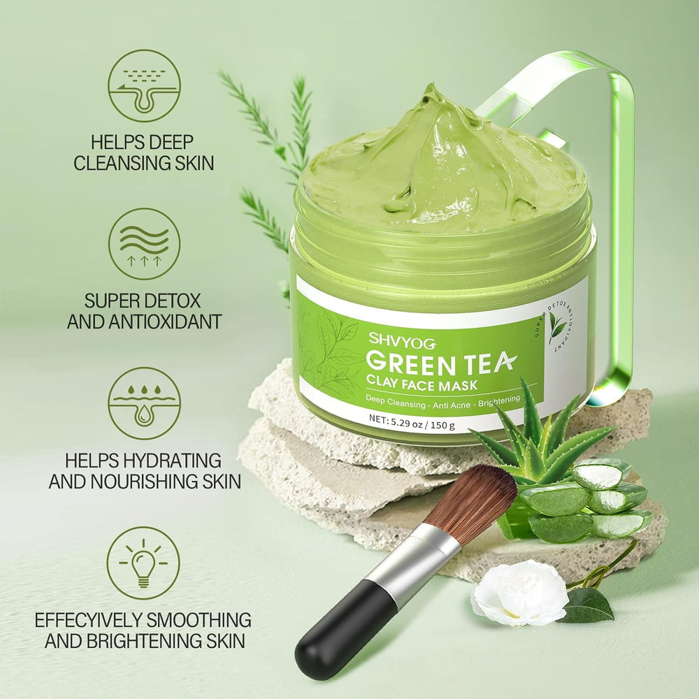 SHVYOG Green Tea Face Mask with green tea powder offering antioxidant support for daily care.