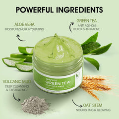 SHVYOG Green Tea Face Mask texture close-up showing a clay-rich formula for deep cleansing.