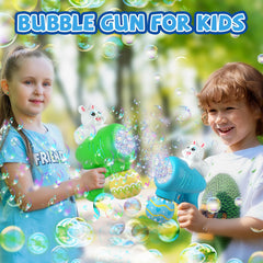 ShyLizard blue Easter bubble gun creating large bubbles for kids.