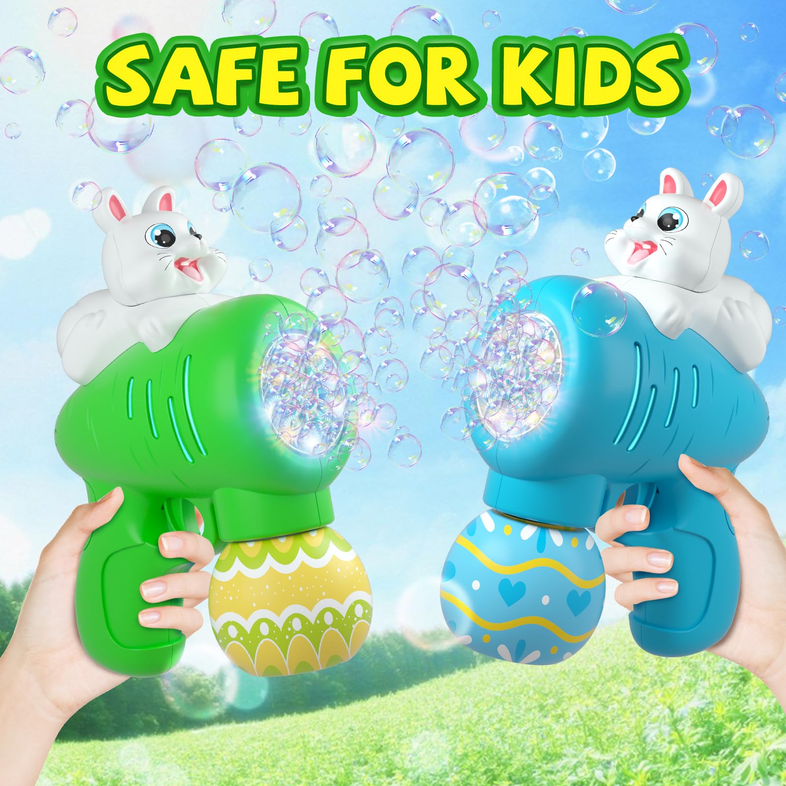 ShyLizard child enjoying light-up bubbles during Easter celebration.
