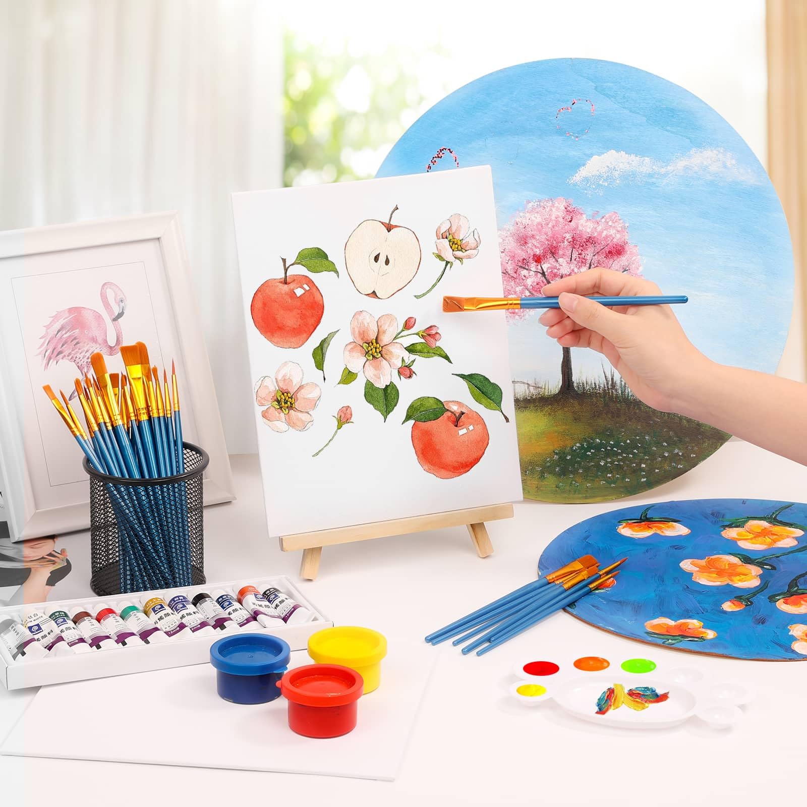 Shynek natural pine wooden tabletop easel provides sturdy adjustable support.