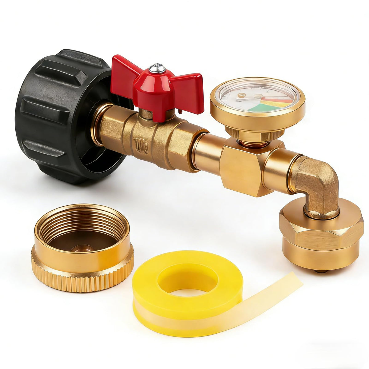 Siasky propane refill adapter with 90-degree elbow eases transfers from 20 lb to 1 lb tanks.