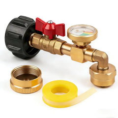 Siasky propane refill adapter with 90-degree elbow eases transfers from 20 lb to 1 lb tanks.