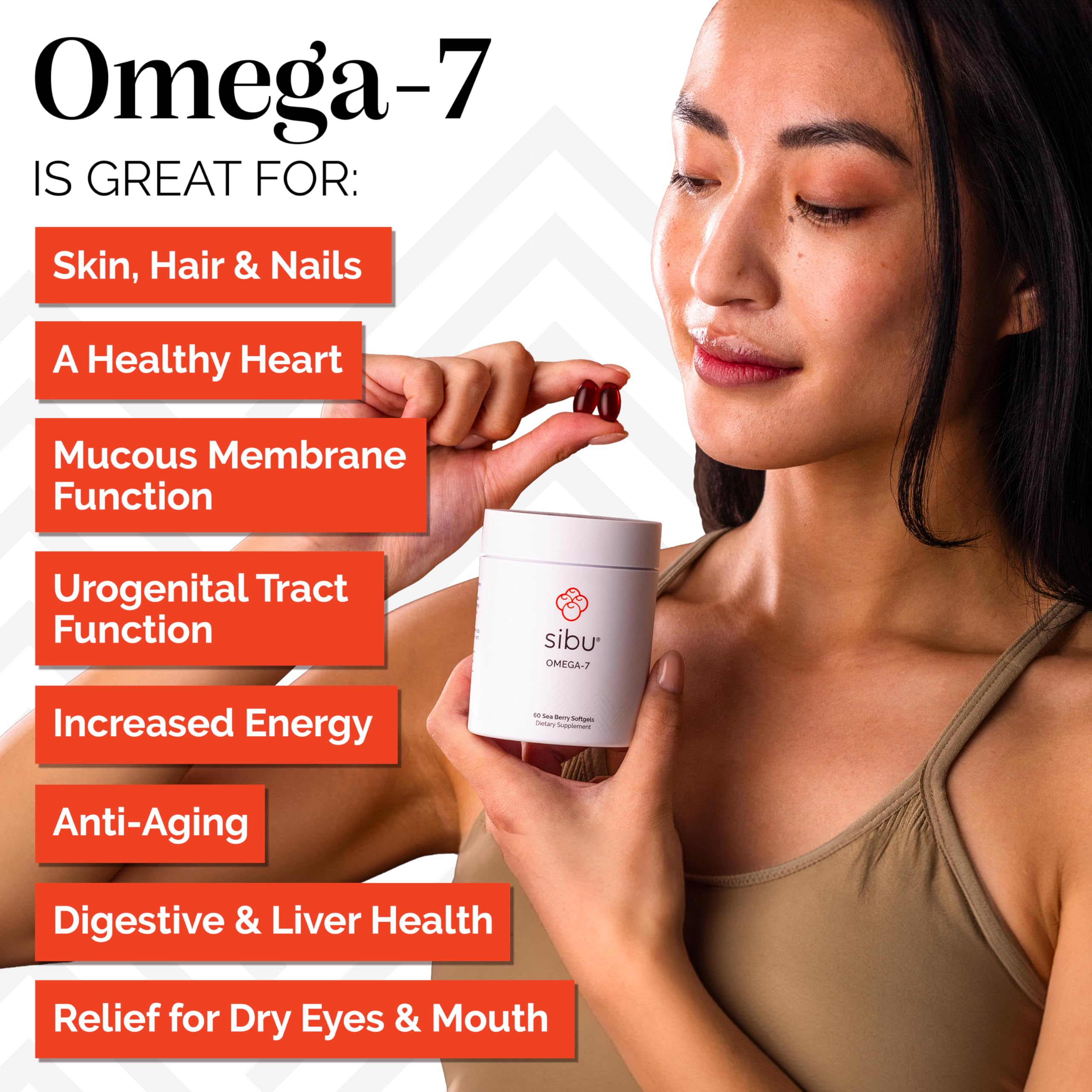 Sibu softgels in bottle ready for everyday omega-7 intake.