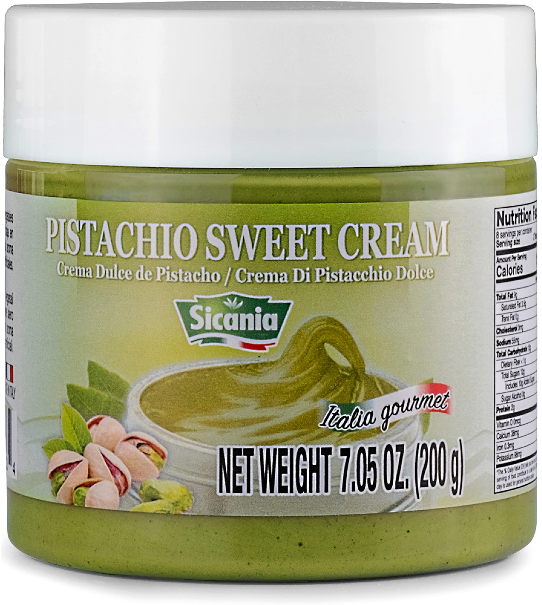 SICANIA premium pistachio cream in a 7oz jar, ideal for rich spreads.
