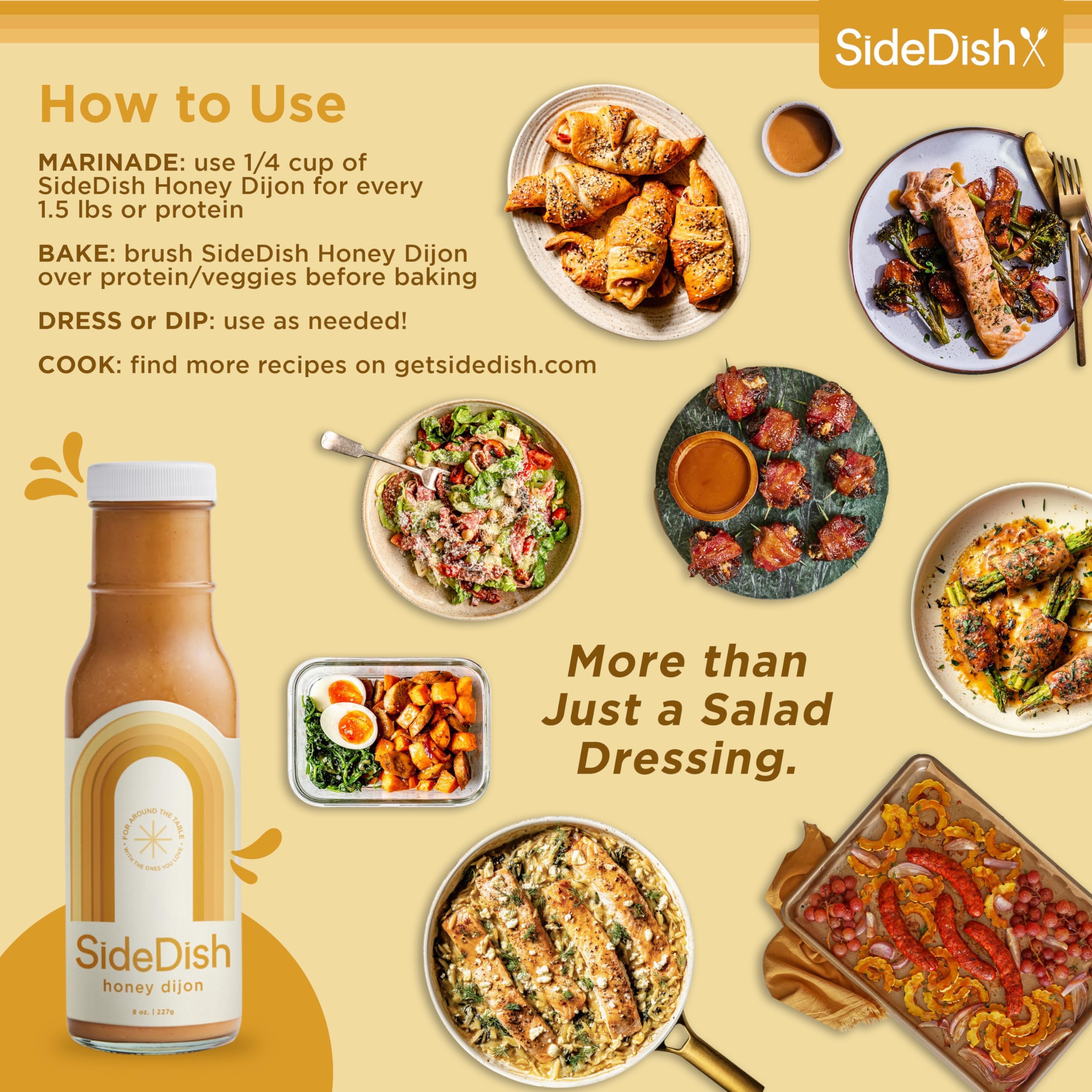 SideDish Avocado Oil Honey Dijon Dressing bottle highlights heart-healthy base.