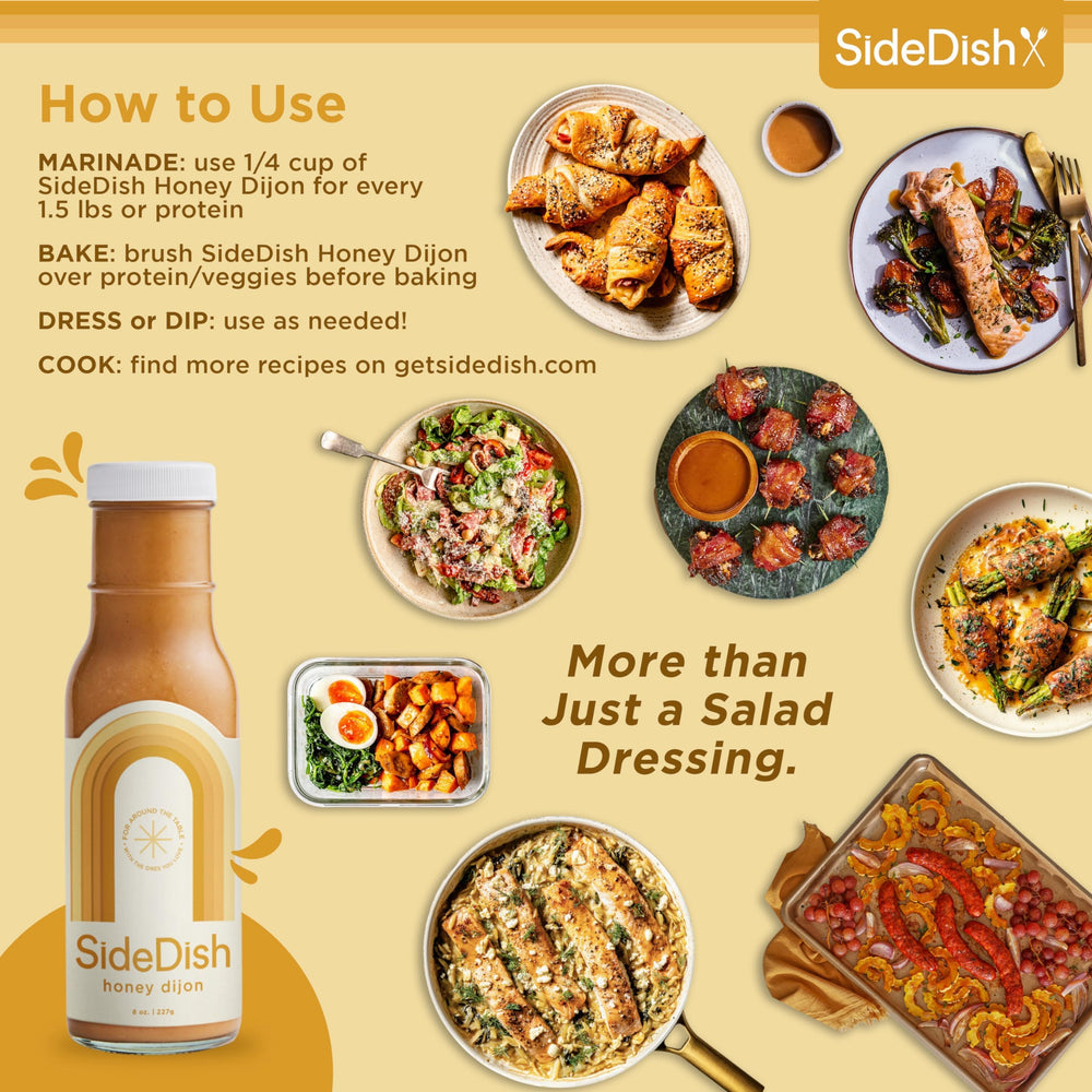 SideDish Avocado Oil Honey Dijon Dressing bottle highlights heart-healthy base.