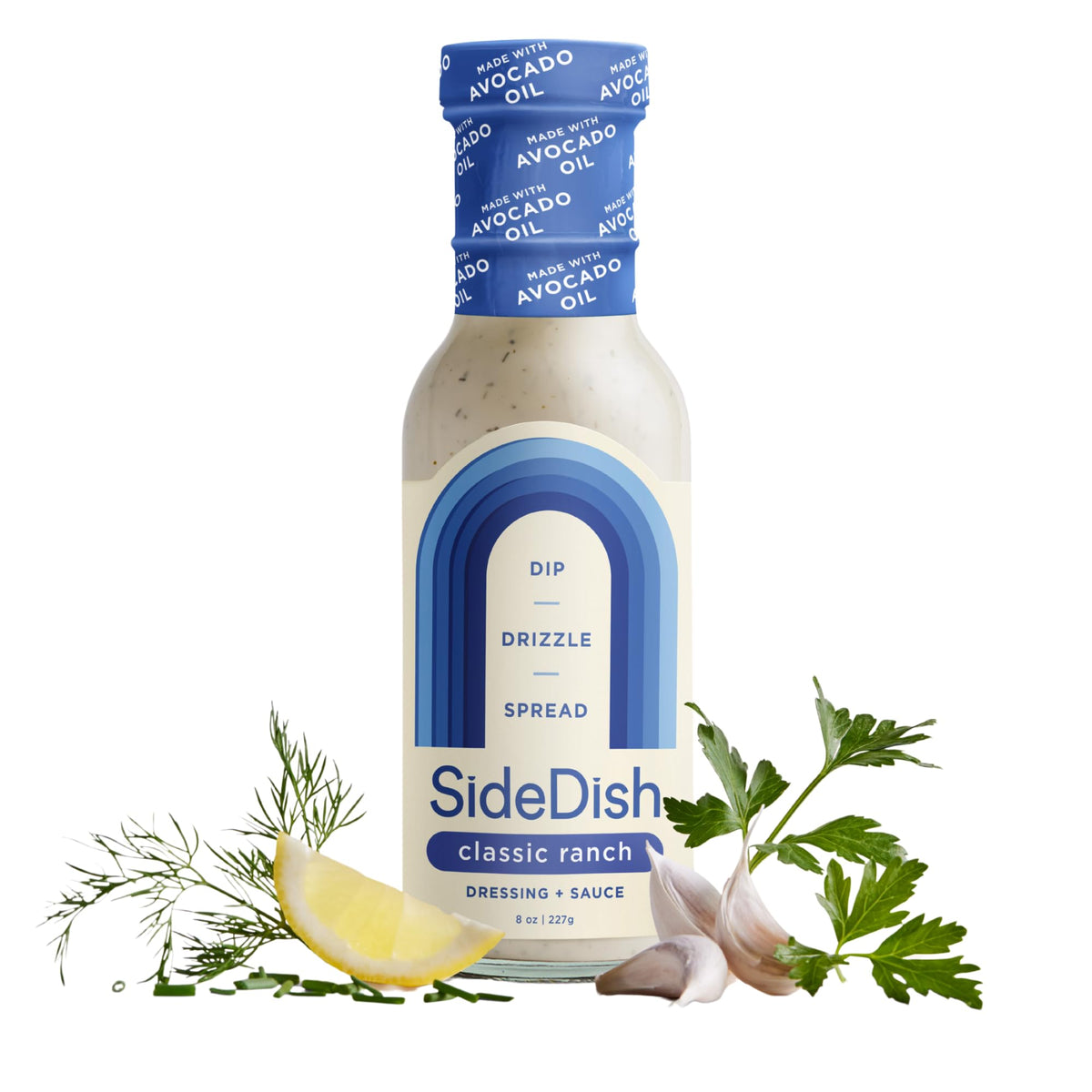 SideDish Classic Ranch Dressing bottle showing creamy avocado oil-based dressing, ideal for dairy-free salads.