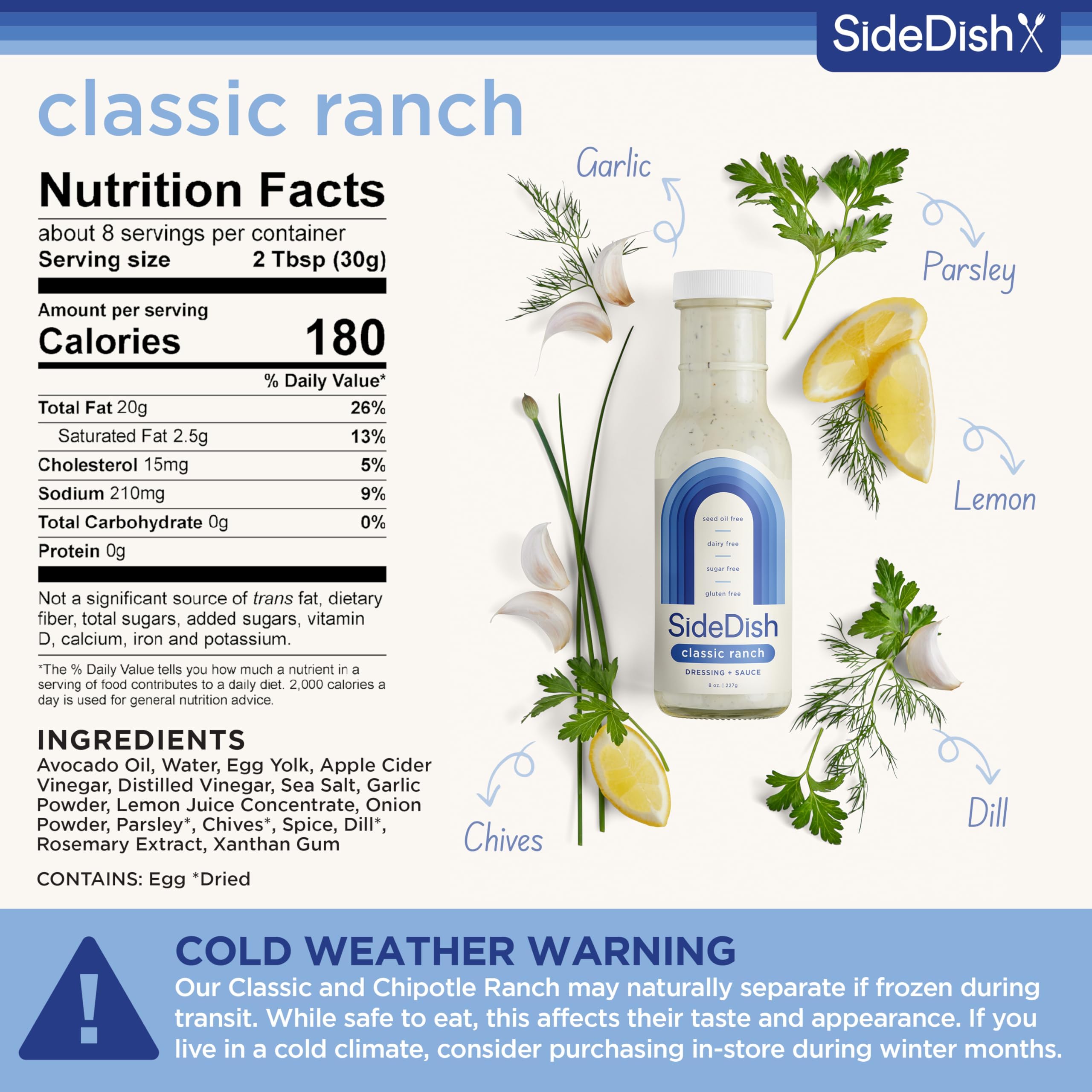 SideDish Classic Ranch Dressing pour shot over a fresh salad and wings.