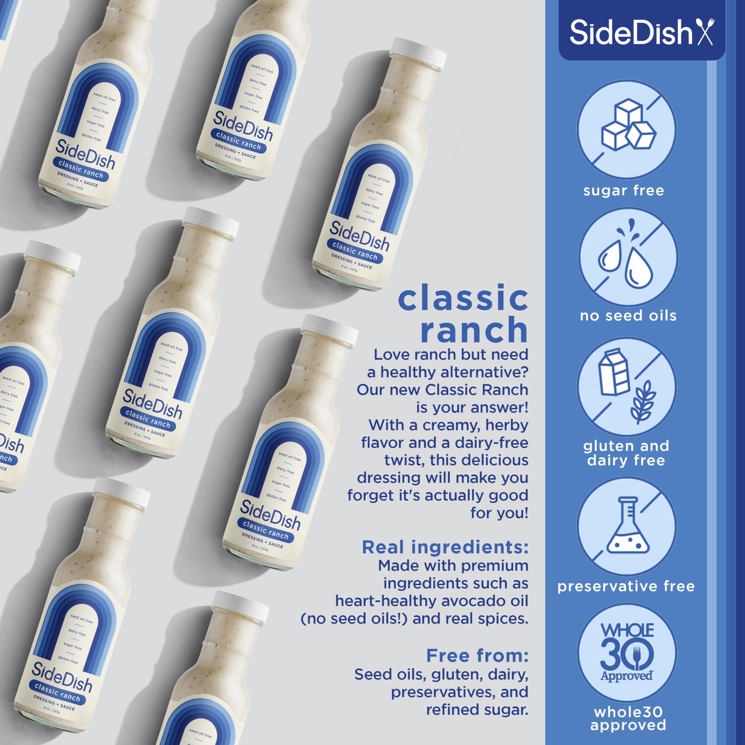 SideDish Classic Ranch Dressing on a crisp salad with vibrant toppings.