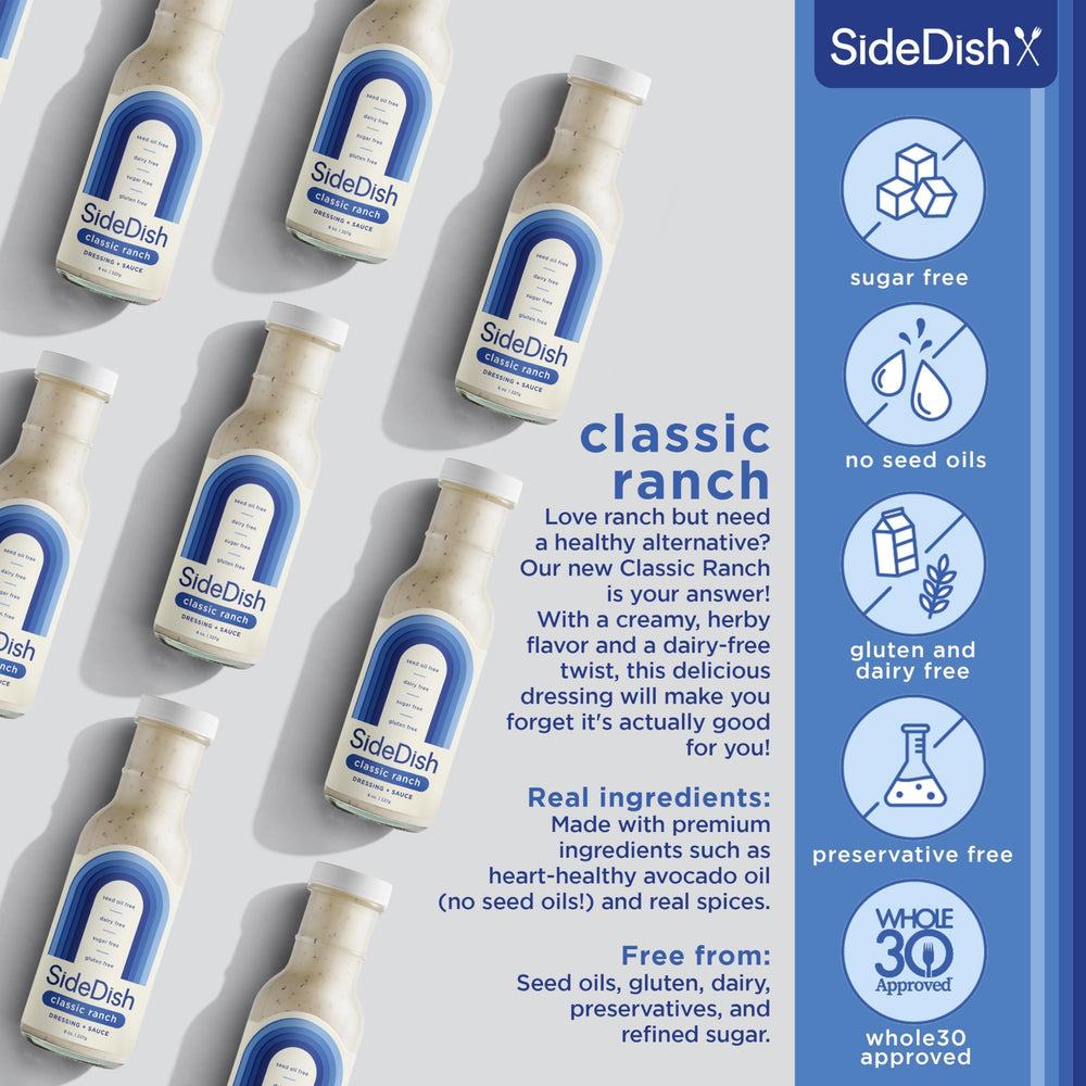 SideDish Classic Ranch Dressing on a crisp salad with vibrant toppings.