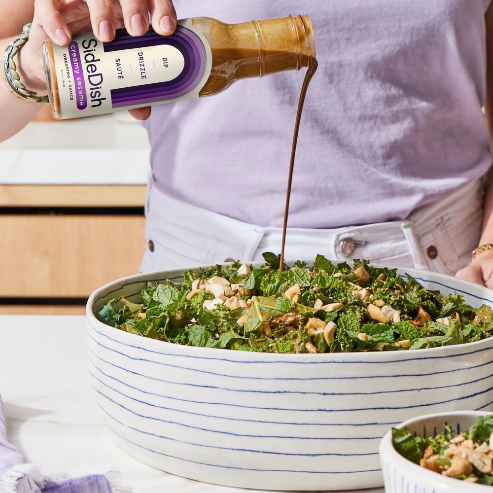 SideDish Creamy Sesame Dressing on salad, versatile dip and spread.