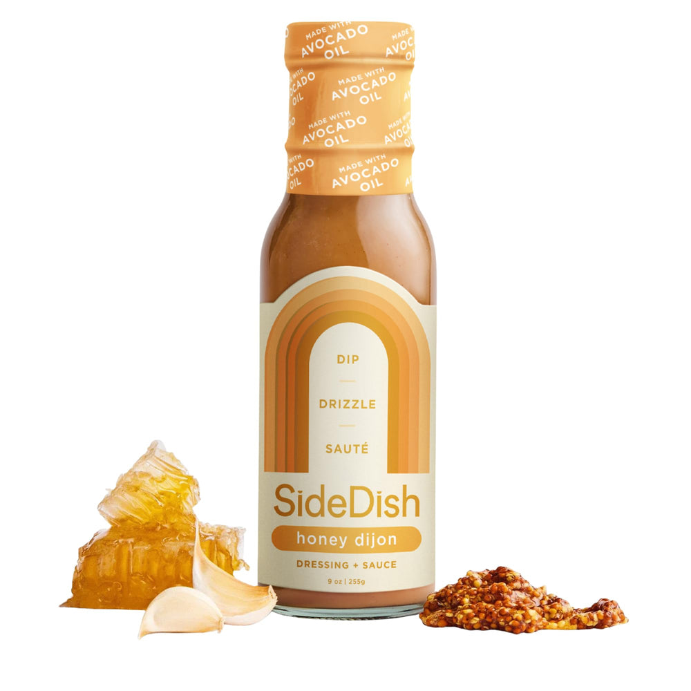 SideDish Honey Dijon Dressing bottle with silky texture ideal for vibrant salads.