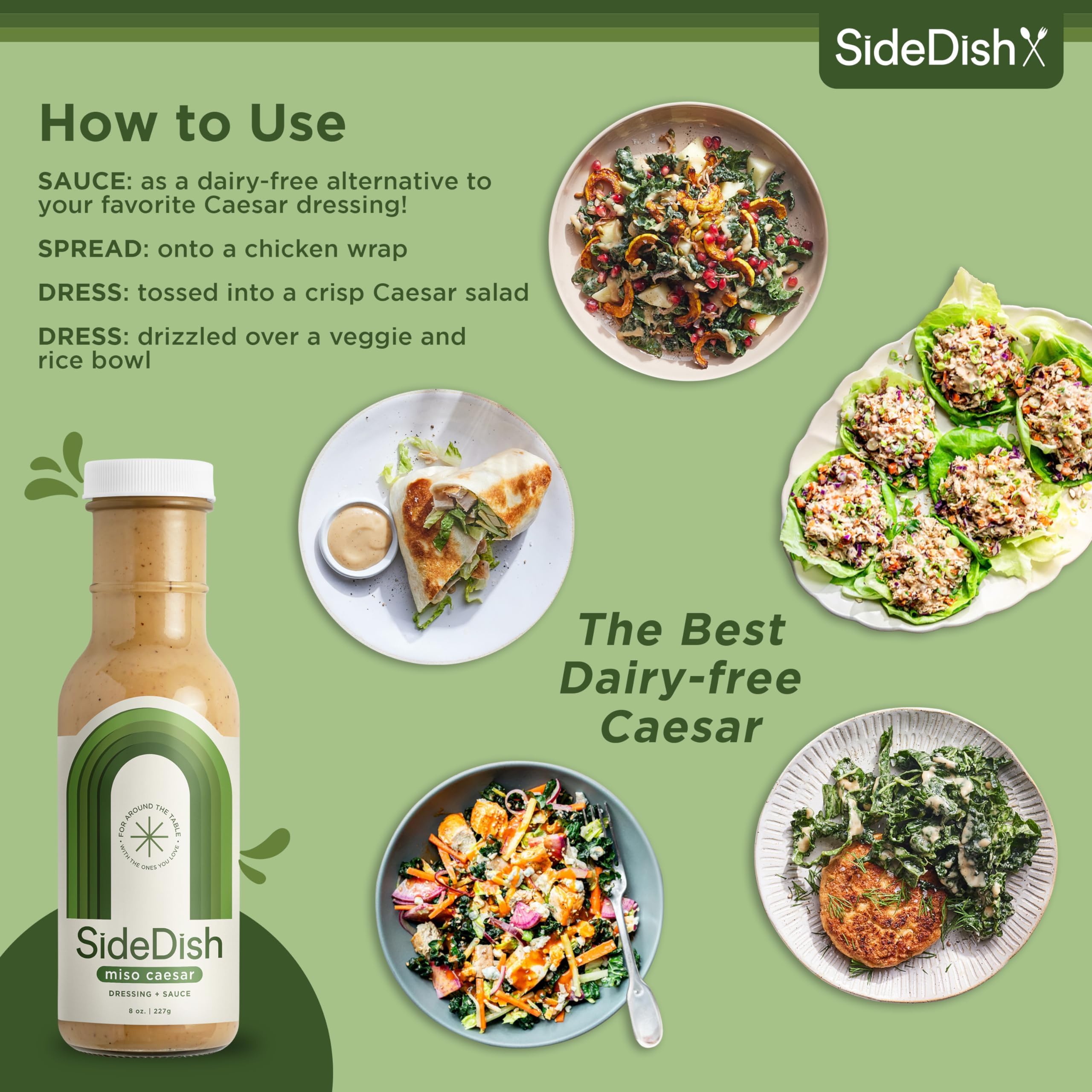 SideDish Miso Caesar Dressing glass jar closeup; preserves freshness without artificial flavors.