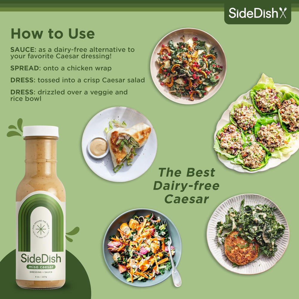SideDish Miso Caesar Dressing glass jar closeup; preserves freshness without artificial flavors.