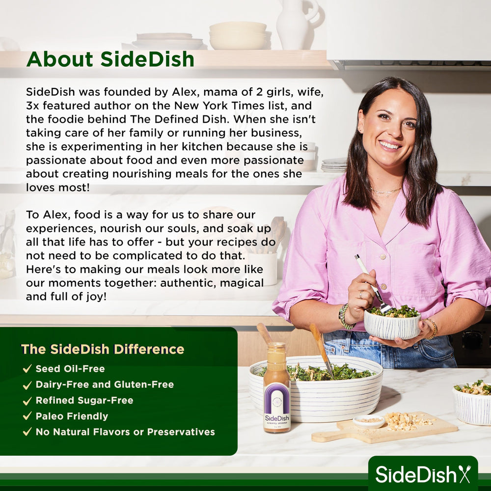 SideDish Miso Caesar Dressing label closeup; seed-oil free and sugar-free.