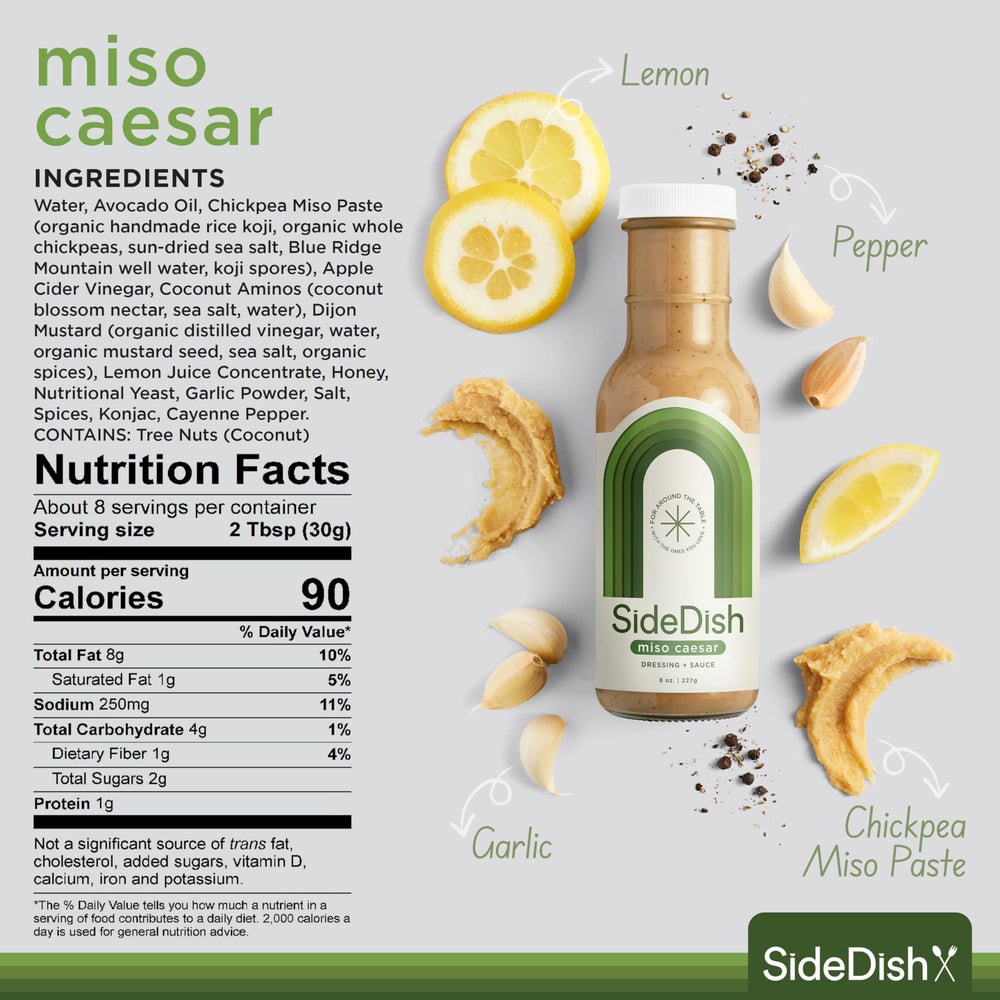 SideDish Miso Caesar Dressing being poured over salad; dairy-free and gluten-free.