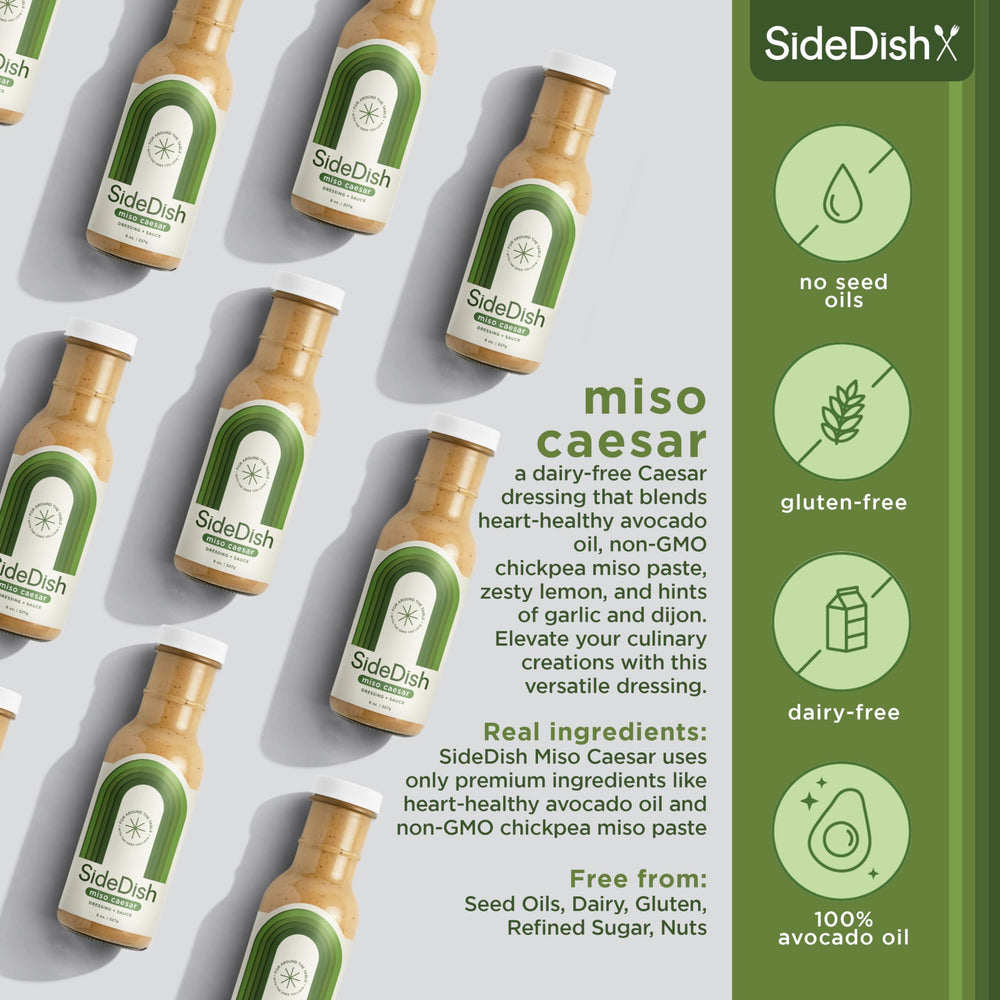 SideDish Miso Caesar Dressing used as a dip with vegetables; versatile dipping option.