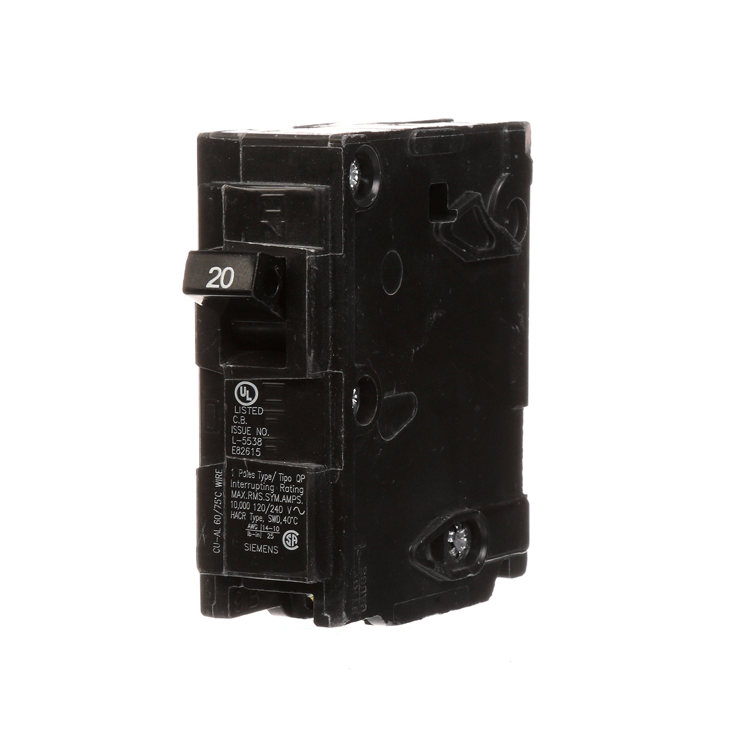 Siemens Q120 20A breaker front view for reliable residential protection