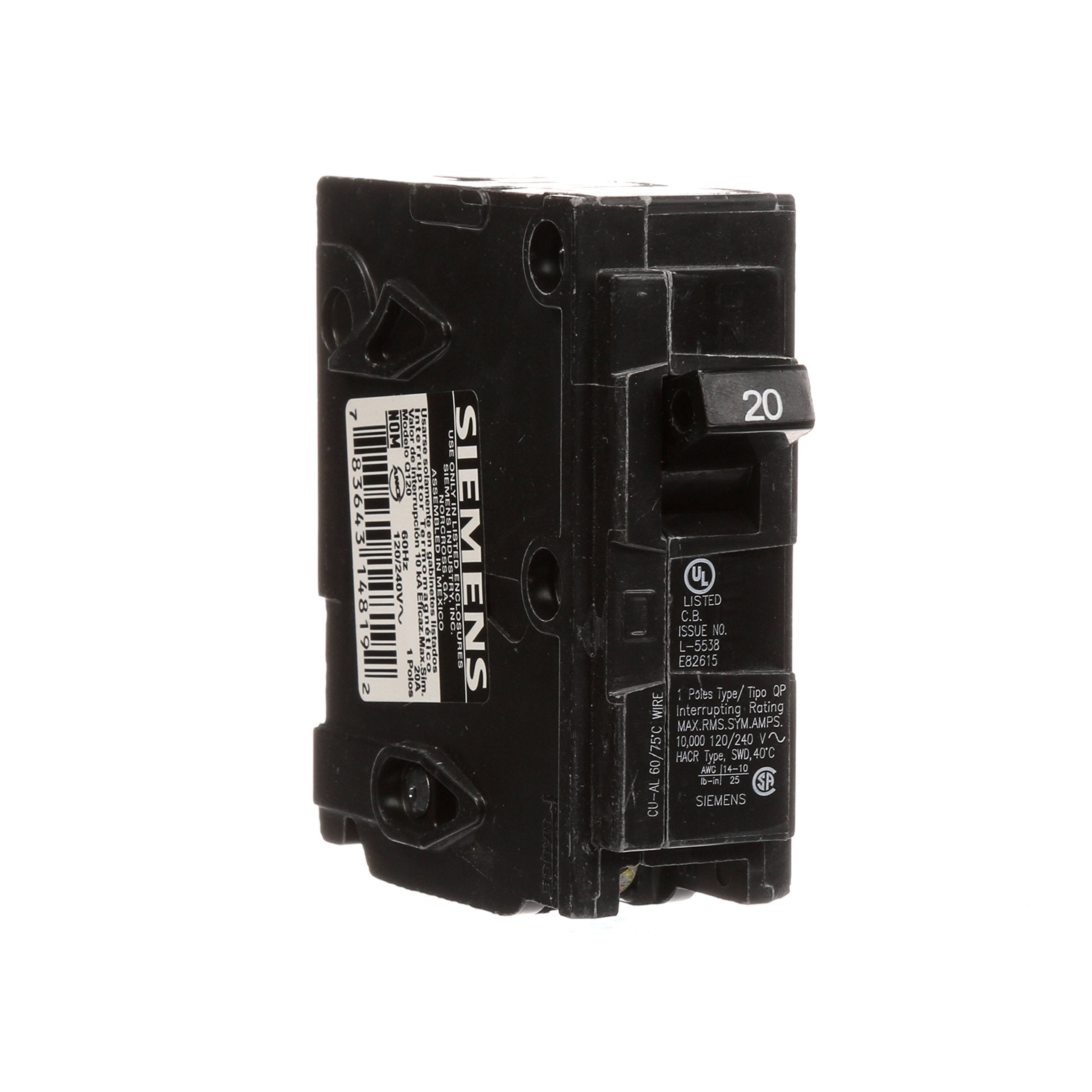 Siemens Q120 20A breaker installed in a panel for quick protection