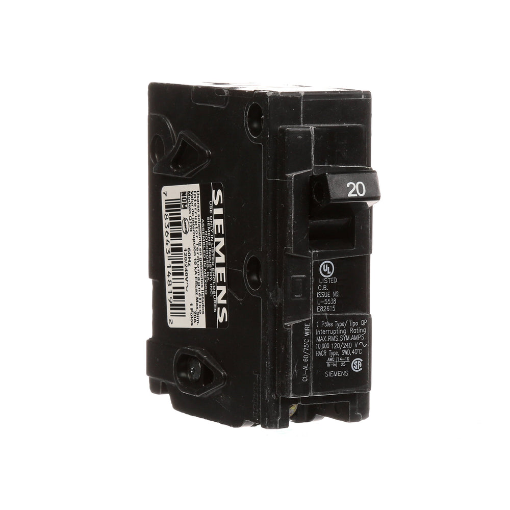 Siemens Q120 20A breaker installed in a panel for quick protection