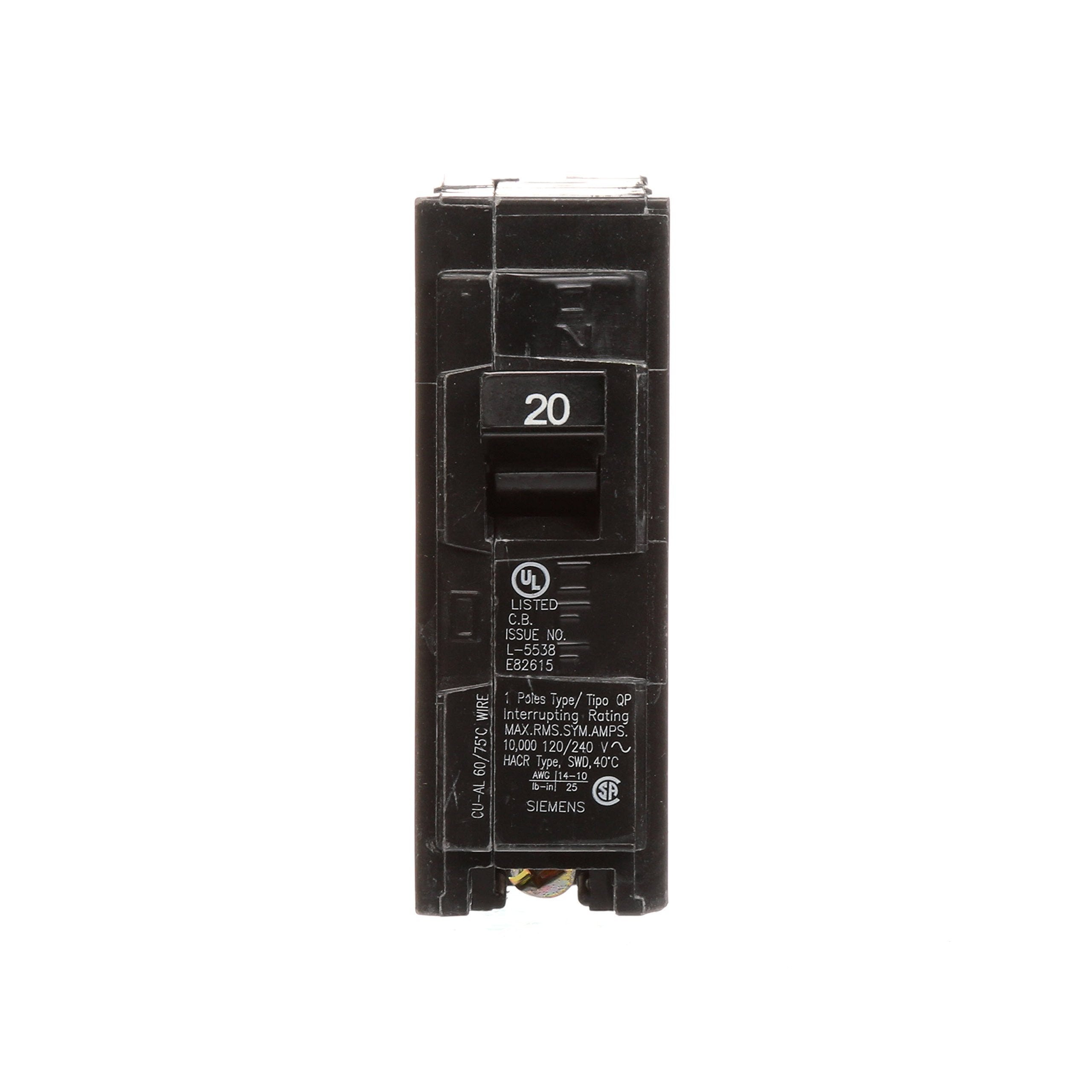 In-panel Siemens Q120 20A breaker with quick connect for safe wiring