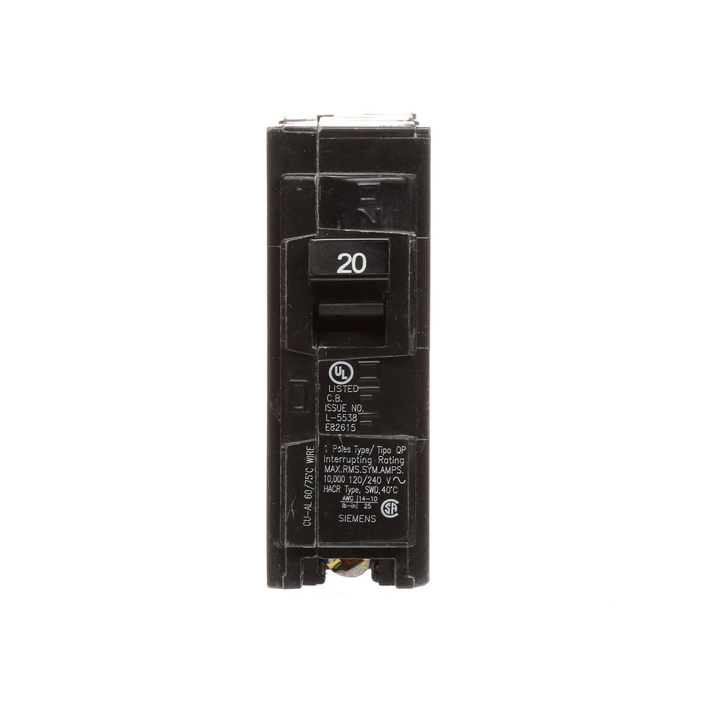 In-panel Siemens Q120 20A breaker with quick connect for safe wiring