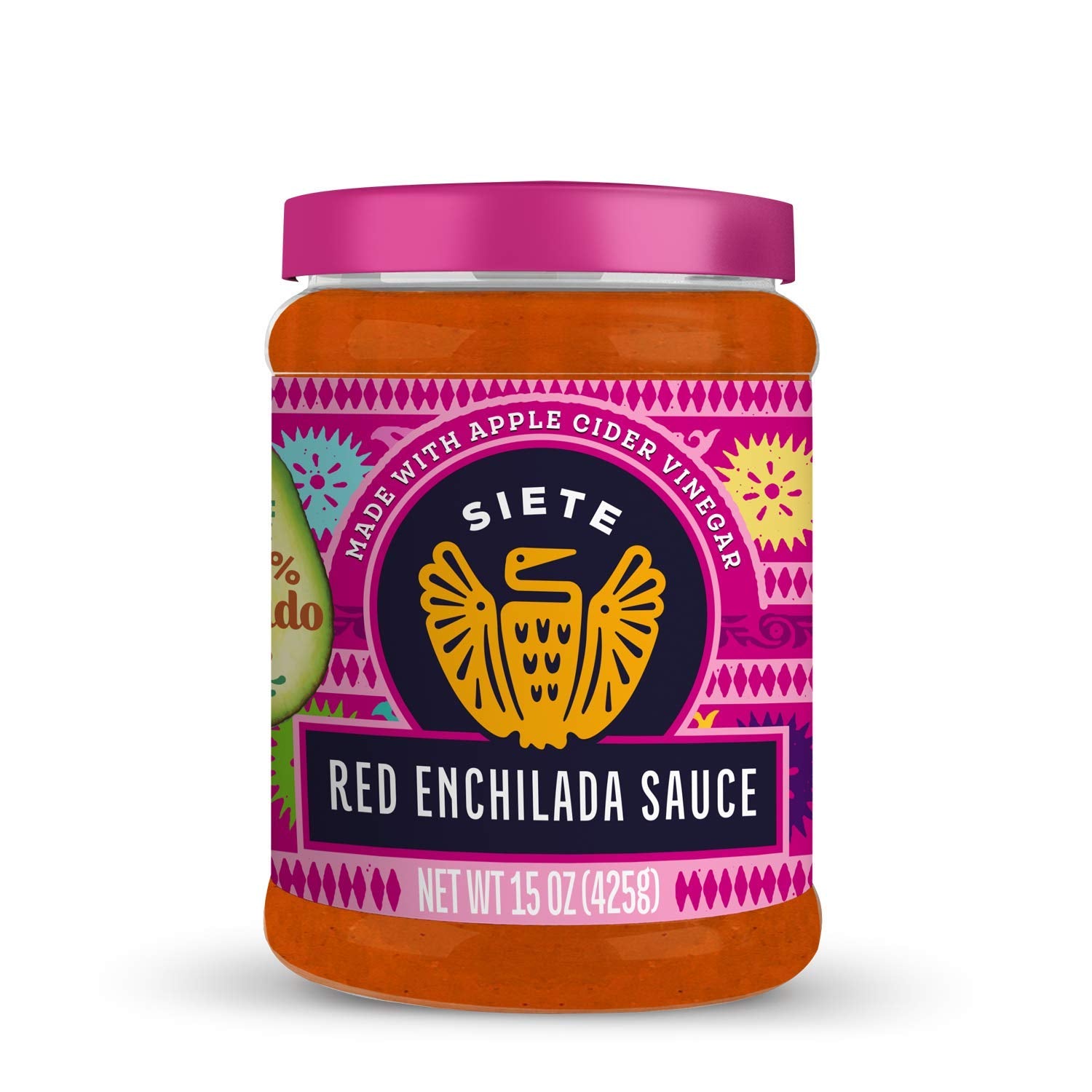 Siete Enchilada Red bottle showing avocado oil base and bright color for flavorful meals