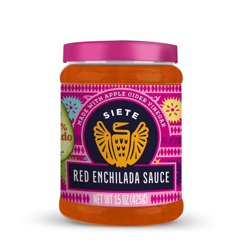 Siete Enchilada Red bottle showing avocado oil base and bright color for flavorful meals