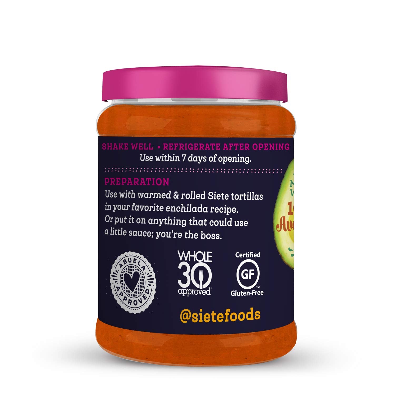 Siete Enchilada Red ingredients panel featuring avocado oil and vinegar