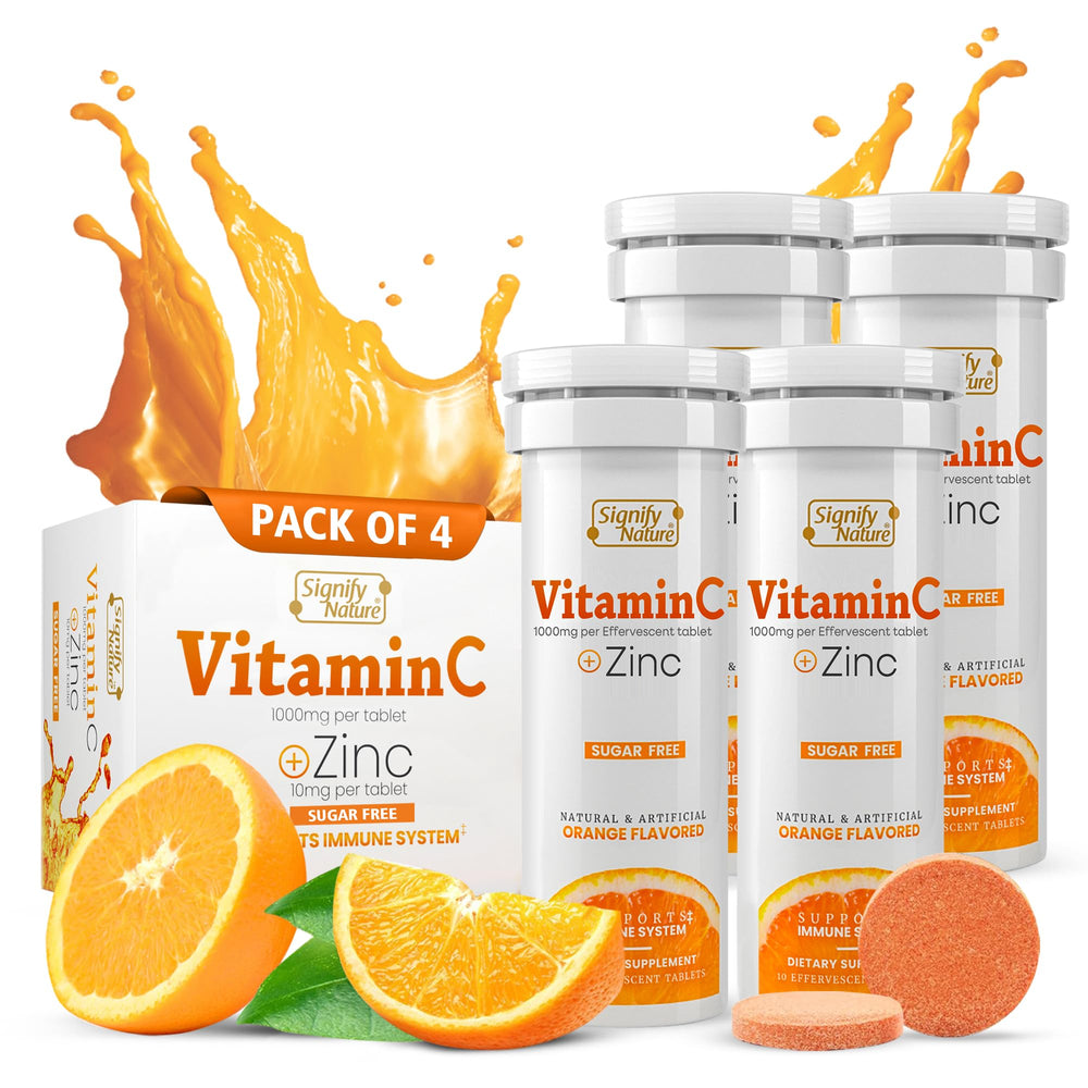 SIGNIFY NATURE Vitamin C bottle pour with tangy fizz suggesting daily immune support.