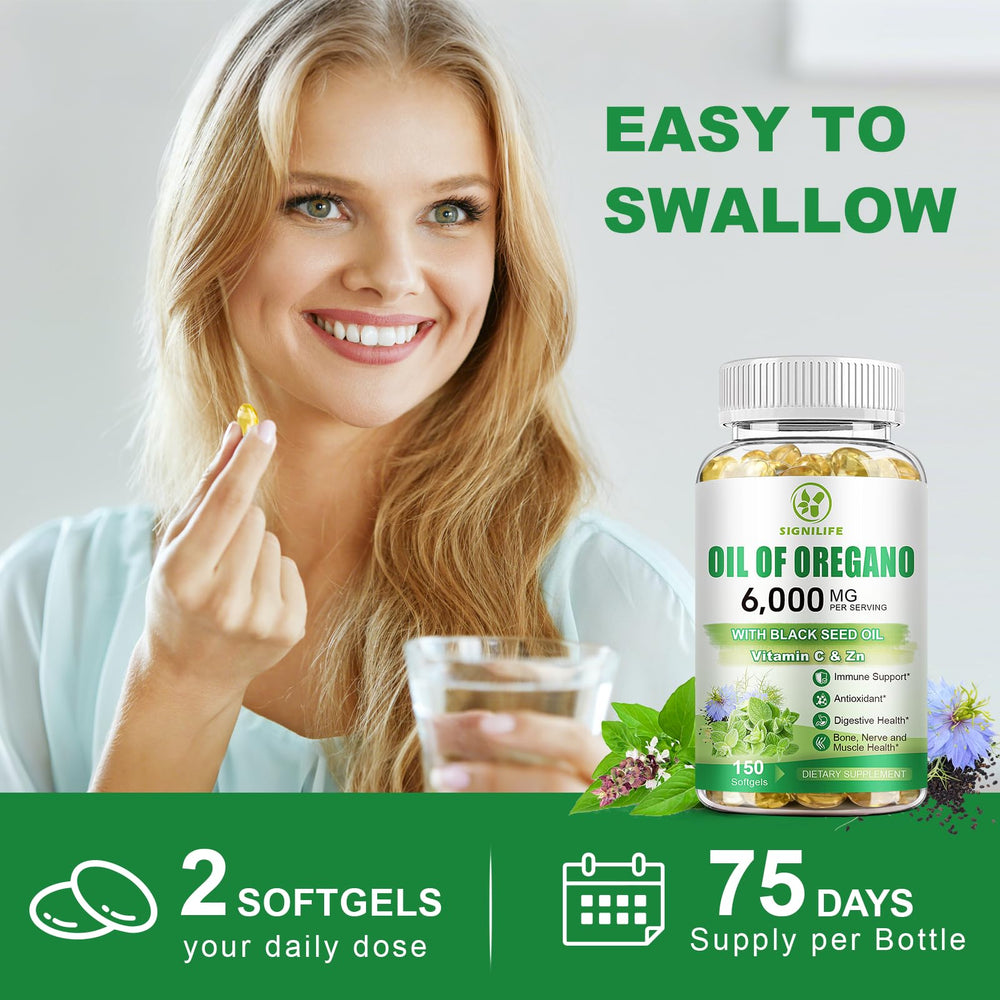 Signilife oregano oil softgels on a counter ready for daily wellness routine